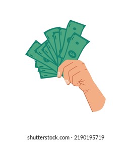 Billetes en dólares verdes en mano, palma aislada con dinero de papel para pagar. Dar préstamos, ahorrar activos financieros o intercambiar personas adineradas con efectivo. Ilustración vectorial de estilo de caricatura plana