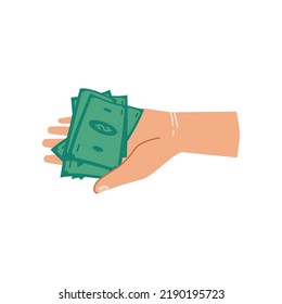 Green dollar banknotes in hand, isolated palm with paper money for paying. Giving loan, saving financial assets or exchanging, wealthy person with cash. Flat cartoon style vector illustration