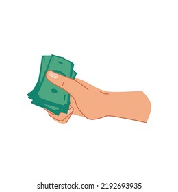 Grüne Dollar-Banknoten in der Hand, isolierte Palme mit Papier Geld für die Bezahlung. Kreditgewährung, Ersparnis von finanziellen Vermögenswerten oder Austausch, wohlhabende Person mit Bargeld. Flaches Cartoon-Stil, Vektorgrafik