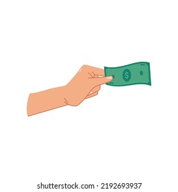 Green dollar banknotes in hand, isolated palm with paper money for paying. Giving loan, saving financial assets or exchanging, wealthy person with cash. Flat cartoon style vector illustration