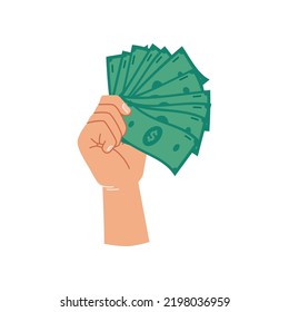 Green dollar banknotes in hand, isolated palm with paper money for paying. Giving loan, saving financial assets or exchanging, wealthy person with cash. Flat cartoon style vector illustration