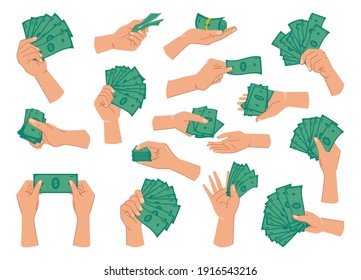 Billetes en dólares verdes en manos, aislados conjuntos de palmas con dinero de papel para pagar. Dar préstamos, ahorrar activos financieros o intercambiar personas adineradas con efectivo. Ilustración vectorial de estilo de caricatura plana