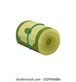 Green dollar banknotes rolled up and tied with blue rubber band. American currency. Paper money. Finance or economy concept. Flat vector icon