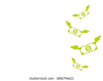 green dollar banknotes with wings on white background. Flying money. Economy, finance, money pictogram. Wealth symbol.  Vector illustration. Free, easy.  Spend, expenses  
