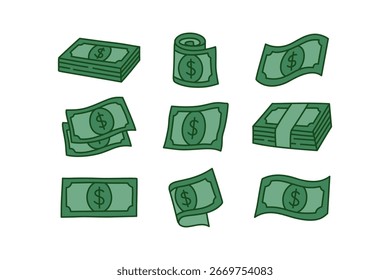 Conjunto de iconos coloridos de vectores de billetes de dólar verde. Colección de diseño de ilustración de billetes de moneda verde. Dinero en efectivo de dibujos animados elemento doodle paquete de diseño. Finanzas, negocios, economía, pila, rollo, factura
