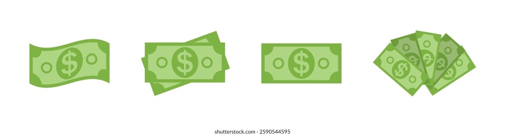 Green dollar bill icons in flat style vector set