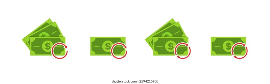 Green dollar bill icons with red reload arrows on white background. Vector icon