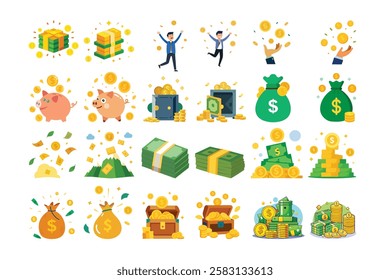 Green dollar bill packs, bundles, stacks and piles. Flying banknote and falling gold coin. Bank cash vector set, Cartoon cash. Green dollar banknotes pile, rich gold coins and pay. Cash Box,