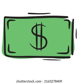 green dollar bill, paper banknote, money, vector isolated element in doodle style, white background, colored business doodles, black outline