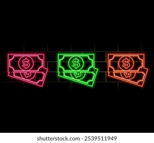 Green dollar bills demonstrated with dollar sign. Glowing neon coin illustration. Money, money and financial theme with vibrant green glow. Cute 3d finance illustration of green money.