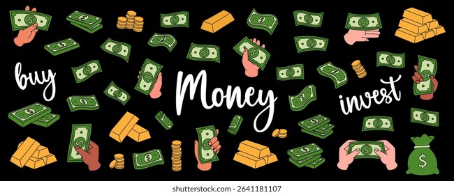 Green dollar bills. Flying cash, green banknotes, stack of money, dollar bills, gold coins and bars. Cash paper currency.