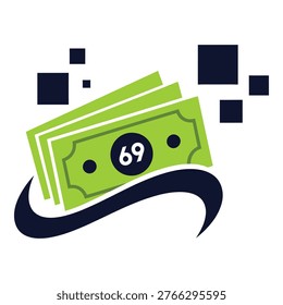 Green dollar bills with number sixty nine and abstract design elements icon