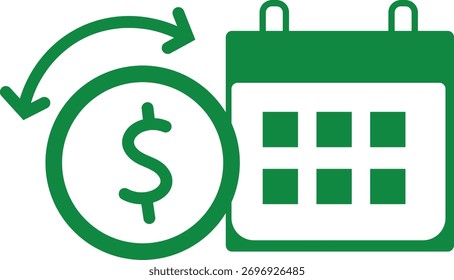 Moeda de dólar verde com setas circulares e ícone de calendário