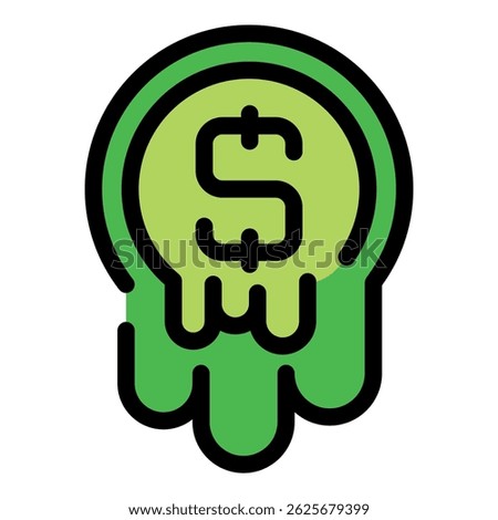 Green dollar coin melting, symbolizing financial instability, economic downturn, or loss of investment