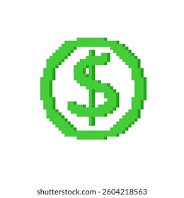 Green dollar coin in pixel art style. 8-bit  game graphic. Retro gaming, finance, or technology vector illustration