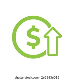 Green dollar coin with upward arrow, symbolizing financial growth, profit, or currency appreciation.