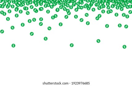 Las monedas de dólares verdes caen en el confetti. Ilustración vectorial.