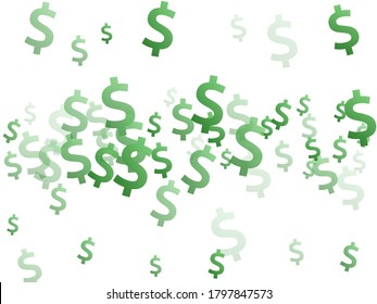 Green dollar icons flying currency vector background. Finance backdrop. Currency sign dollar money scatter signs wallpaper.
