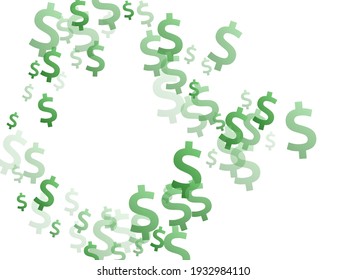 Green dollar icons scatter currency vector background. Investment backdrop. Currency token dollar money fling elements explosion.