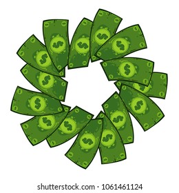 Green dollar paper banknotes in the circle, many papers, vector cartoon illustration isolated on white background 