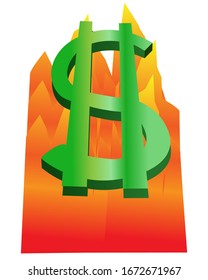 Green dollar sign in 3d style on a fiery background drawn with a gradient