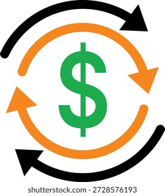 Grüner Dollar Zeichen umgeben von schwarz-orangefarbenen kreisförmigen Pfeilen Geld Finanzierung