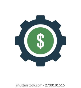 Green dollar symbol inside a blue mechanical gear symbolizing financial growth and economic progress in a clean modern design