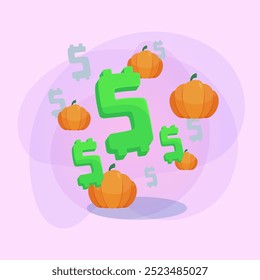 Símbolos de dólar verde y calabazas sobre fondo abstracto. Diseño de Anuncio de Halloween. Celebración, vacaciones, concepto de venta. Ilustración vectorial para póster o volante