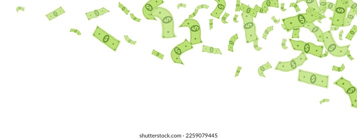 Green Dollar Vector White Panoramic Background. Fly Money Flyer. Flying Paper Jackpot Design. Falling Finance Scatter Certificate.