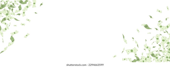 Green Dollar Vector White Panoramic Background. Fall Cash Brochure. Business Flow Currency Cover. Flying Money Rich Banner.