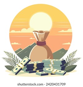 Green dollars banknotes with sunrise. Cash wealth in realistic style. Business design element for banner or poster. Banking design element. Credit, profit symbol. Saving success. Vector illustration