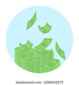 Green dollars falling down vector illustration. Bundles of cash in blue circle on white background. Financial analytics, financial management, money savings, deposit growth concept