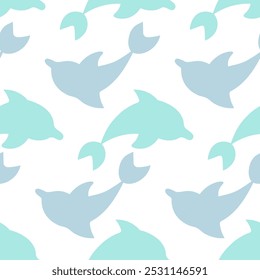 Green dolphin emerges from water. In reflection Gray sea mammal. Seamless vector pattern. Repeating ornament of sea mammals. Isolated colorless background. Flat style. Ocean inhabitant with fins.