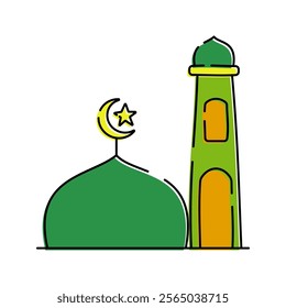 A green dome of a mosque with a crescent moon, representing Islamic places of worship.