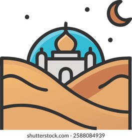 Green dome mosque in desert landscape under crescent moon, symbolizing Ramadan peace and devotion.