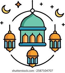 Green dome mosque with lanterns representing Islamic devotion during Ramadan.