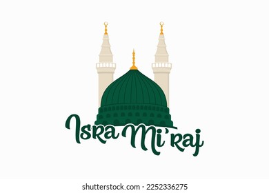 Green dome mosque and minarets isolated on white background, nabawi mosque madinah, isra mi'raj greeting design