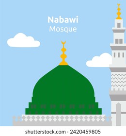 Grüne Kuppel der Moschee des Propheten oder Nabawi-Moschee und Minarette-Hintergrund geeignet für Mawlid Al Nabi und Isra Miraj Dekoration.