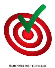 Green done check mark hitting the middle of dartboard. Accomplish, done conceptual symbol, icon, sign in green and red colors.