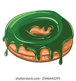 Green donut for day of Saint Patrick. Festive sweet pastry in holidays colors with green glaze. Isolated traditional holiday sweet bakery. Vector illustration.