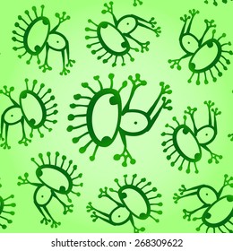 Green doodle alien frog seamless baby pattern background texture