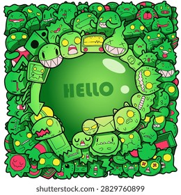 Green doodle art around bubble chat hello vector
