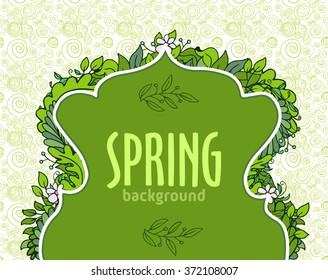 Green doodle banner with text and floral composition from below on hand drawn pattern. Fresh stylish design for banners, greeting cards, advertisement, sales