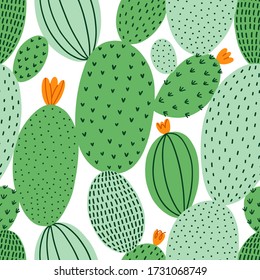 Green doodle cactus vector seamless pattern