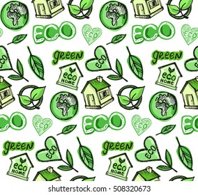 Green doodle eco background made of small ecology icons - vector seamless pattern. Vector illustration. Doodle eco set.