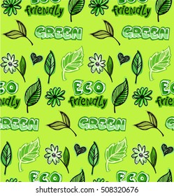 Green doodle eco background made of small ecology icons - vector seamless pattern. Vector illustration. Doodle eco set.