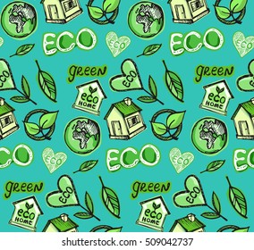 Green doodle eco background made of small ecology icons - vector seamless pattern. Vector illustration. Doodle eco set.