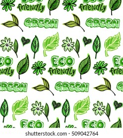 Green doodle eco background made of small ecology icons - vector seamless pattern. Vector illustration. Doodle eco set.