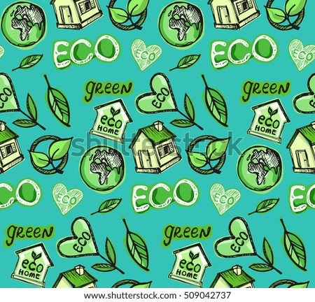 Green doodle eco background made of small ecology icons - vector seamless pattern. Vector illustration. Doodle eco set.