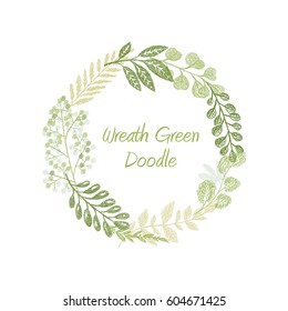 Green doodle floral circle wreath vector isolated on white background.